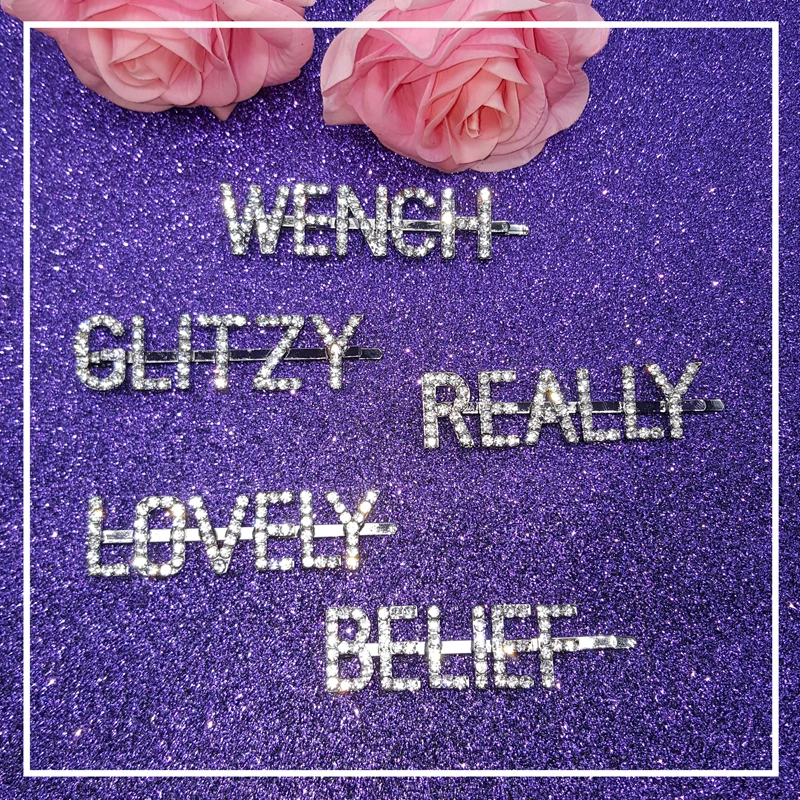

New Arrival Word Hairclips "WENCH" "GLITZY" "REALLY" "LOVELY" "BELIEF" Crystal Hair Bobby Pins Wholesale