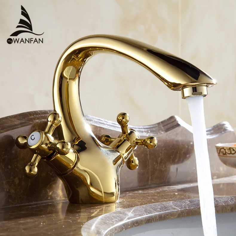 

Basin Faucets Retro Golden Dual Handle Faucet Single Hole Swan Neck Elegant Basin Mixer Tap Residential Presents AL-7311K