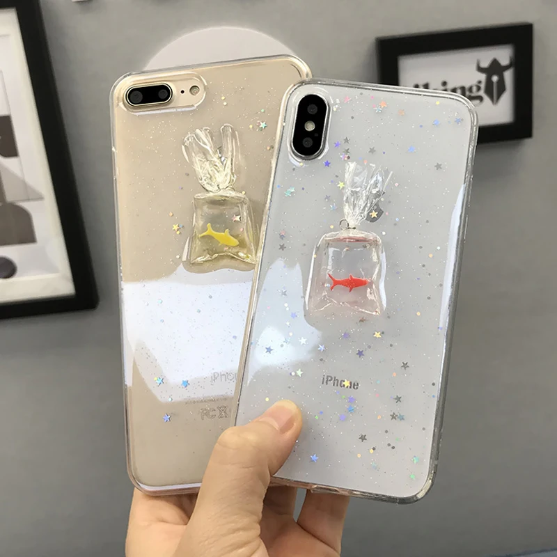 

JAMULAR 3D Fish Case for iPhone 6 Case for iPhone X 8 7 6 6S Plus Bling Glitter Back Cover Flash Stars Soft Silicone Phone Cases