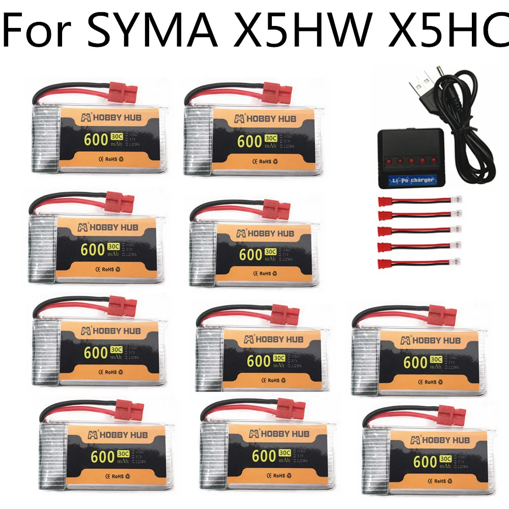 

10pcs 3.7V 600mAh 30C lipo Battery for SYMA X5HW X5HC X5UC X5UW RC Drone Quadcopter Spare Parts 3.7 v 802540 +5 in 1 Charger