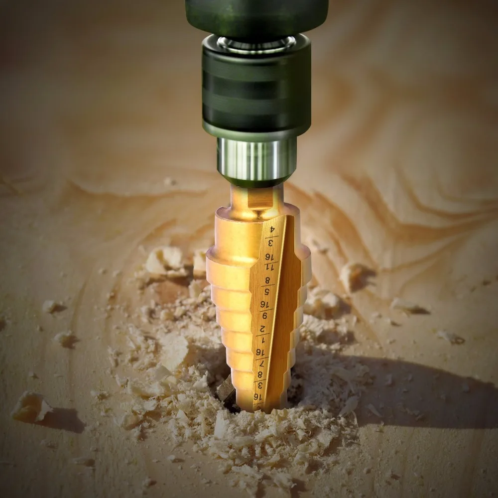 4pcs HSS Titanium Coated Step Drill Bit for Metal/ Wood Drilling hole +Automatic Center Punch 3/16