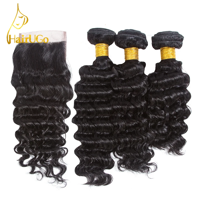 HairUGo Pre-colored Brazilian 3 Bundles Human Hair Weave with Closure Deep Wave with Closure #1b Nature Black Color Non Remy