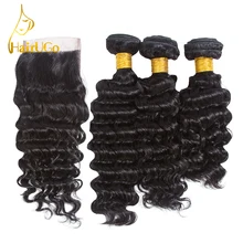 HairUGo Pre-colored Brazilian 3 Bundles Human Hair Weave with Closure Deep Wave with Closure #1b Nature Black Color Non Remy