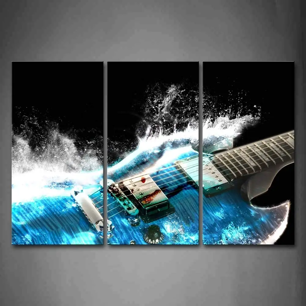 

3 Pcs Guitar In Blue And Waves Looks Beautiful Wall Art Painting The Picture Print On Canvas ,Ready To Hang Drop Shipping