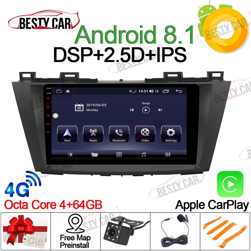 Best 9" Android 8.1 Car Multimedia Player Stereo for Mazda 5 2009~2016 GPS Navigation Head Unit DSP 2.5D+IPS 4GB RAM 0