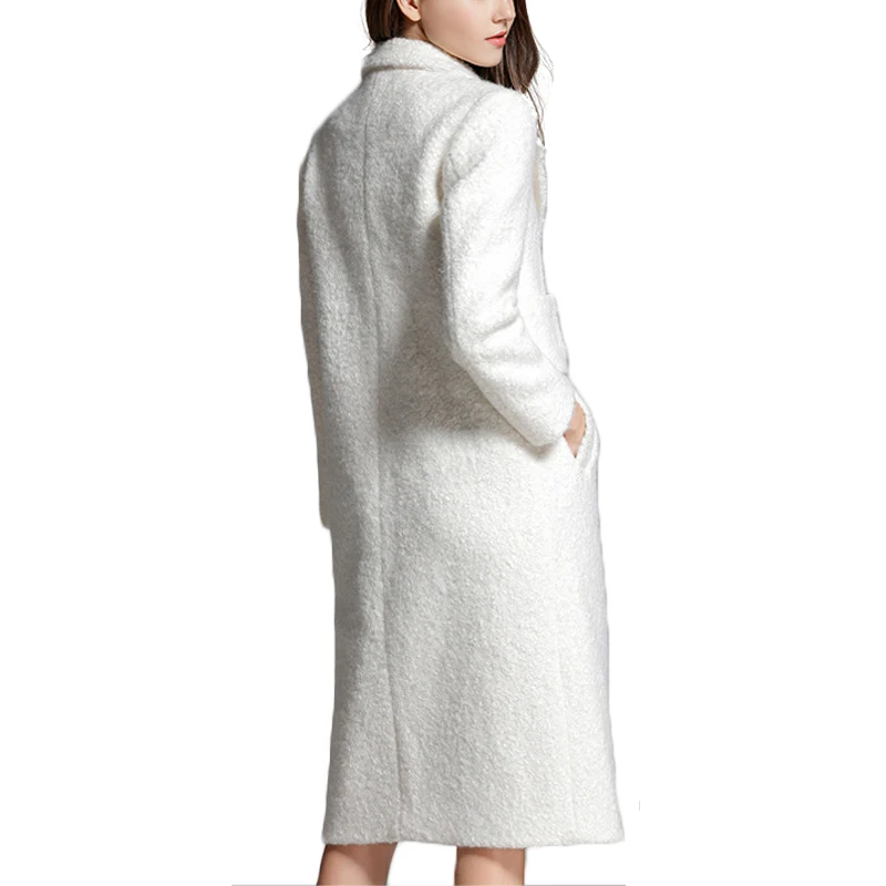 2018 Winter Lamb's White Wool Coat Turn-down Collar Office Lady Vintage Warm Winter Long Woolen Coat Coat Female Coats