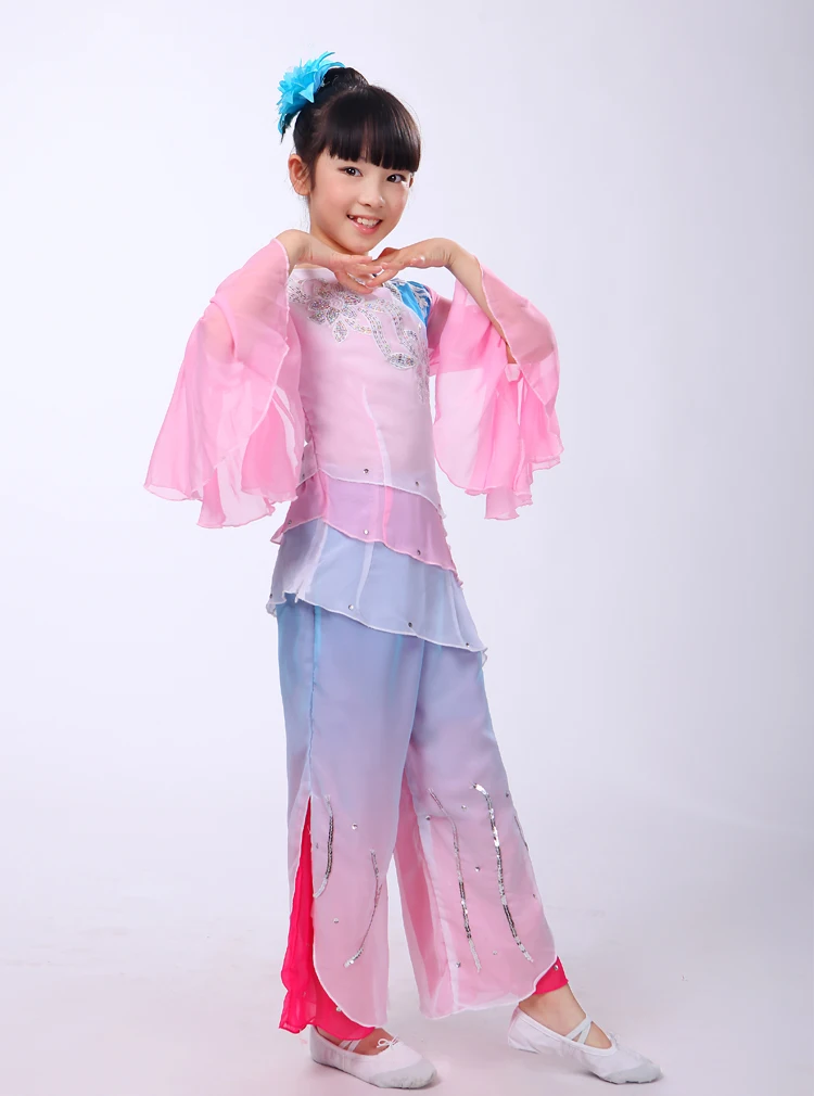 (0174) Chinese folk dance children pinl costumes Girls Embroidery Hanbok fan yangko classical dancing stage performance clothes