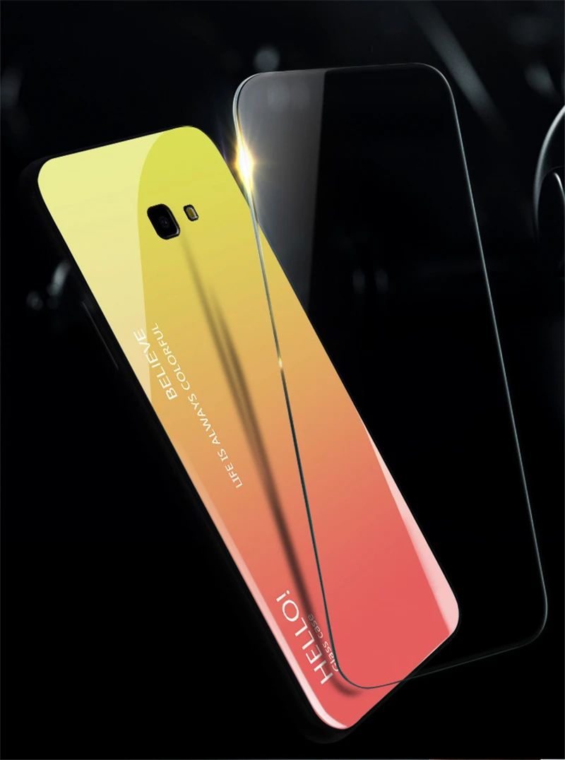 Tempered Glass Case for Samsung Galaxy J4 Plus J4+ Gradient Color Hard Back Cover Soft Silicone Bumper For Samsung J4 Plus Case