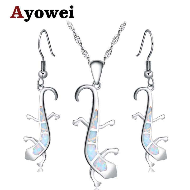 

Ayowei Anniversary Large earrings pendant necklace Silver stamped 925 White Gecko fire opal set for women party gift OS035A