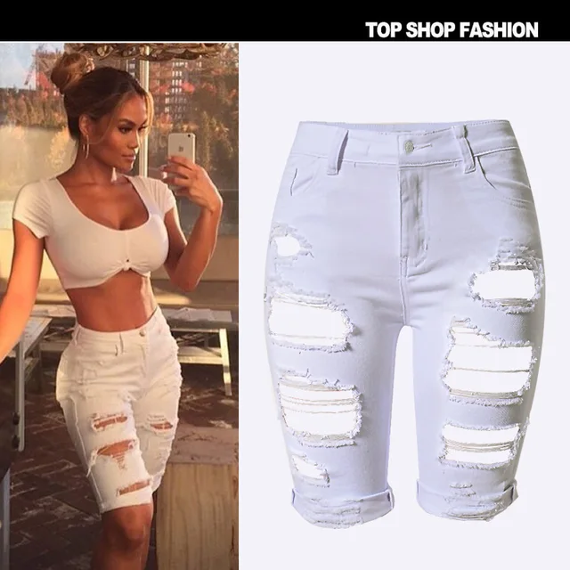womens white ripped shorts