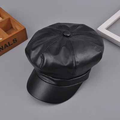 Модный крутой ПУ берет шапка для мужчин и женщин Gorras Planas винтажная кожаная кепка Boinas зимняя уличная теплая Кепка - Цвет: black
