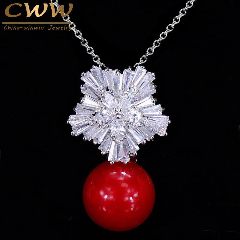 CWWZircons AAA качество кубического циркония снежный цветок большой красный жемчуг Висячие ожерелья подвески для женщин рождественские подарки CP038