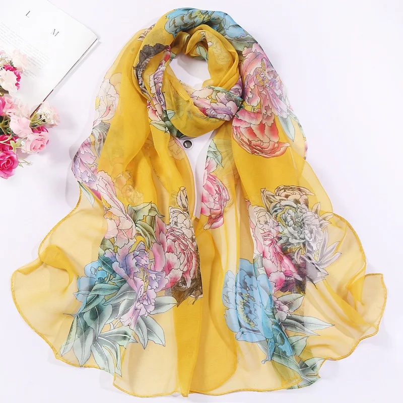 

Fashion Thin Scarves Flower Printed Summer Georgette Silk Beach Shawl Lightweight Elegant Women's Sunscreen Pashmina Long Wrap