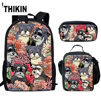 

THIKIN Floral Cat Dog 3D Printing School Bags Girls Backpacks Set Schnauzers French Bulldog Lover 3pcs Schoolbags for Students