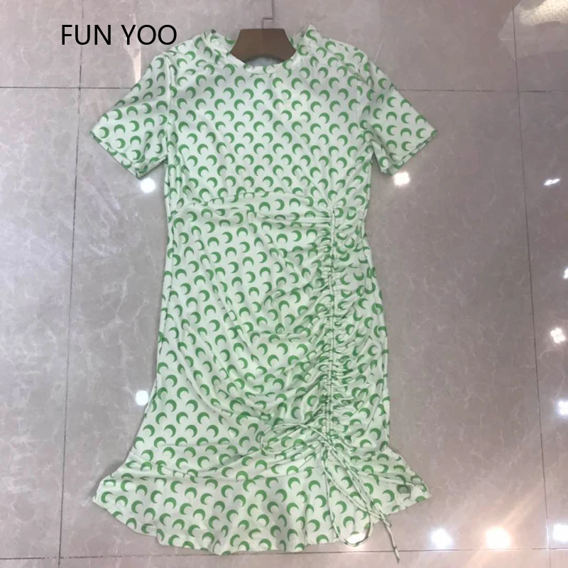 

19 summer women's new round neck short-sleeved slim dress drawstring slim hem ruffle Above Knee A piece of Dress