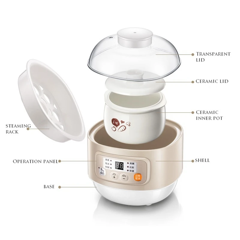DMWD 0.8L Mini Electric Cooker 220V Ceramic Soup Pot Isolate Water Stew Egg Boiler Food Steamer Heat Preservation 9.5H Setting 4