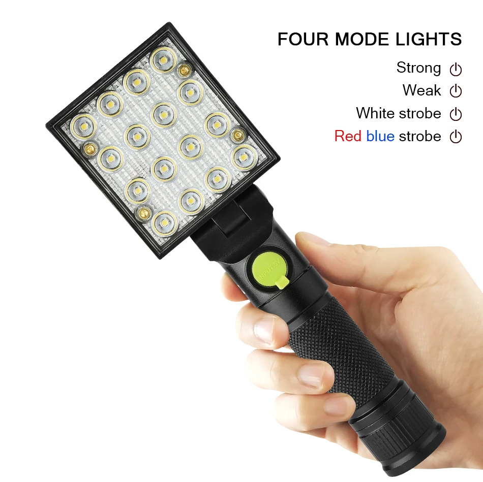 

16 LED Flashlights cob Working Torch 4 Modes 18650 Flashlight with Strong Magnet Hook Tent Camping Lamp Car Repair Work Light