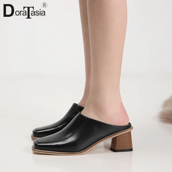 

DORATASIA 2019 Large Size 33-40 Square Toe Genuine Leather Pumps Woman Shoes Chunky Heels Lady Mules Shoes Woman Pumps