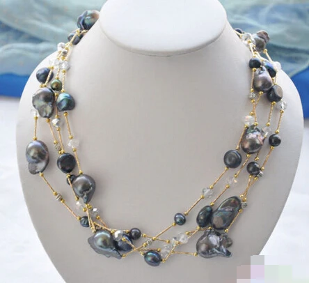 

898 black BAROQUE/round KESHI REBORN PEARL crystal necklace