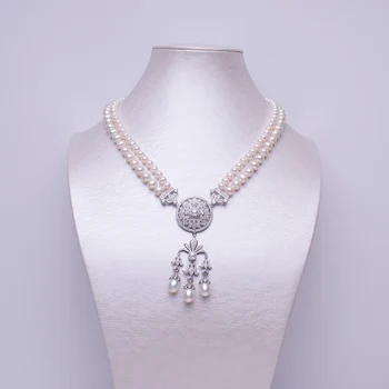 

Elegant&Beautiful Flower Pendant With Double Strand Necklace 8-9mm Nearround Pearl Strong Luster Necklace Jewelry Mom Gifts