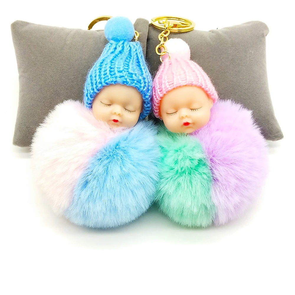 

Multicolor Sleeping Baby Keychain Big Faux Leather 8CM Fur PomPom Doll KeyChain Bulb Bag Pom Pom Ball Key Chain Pendant Women
