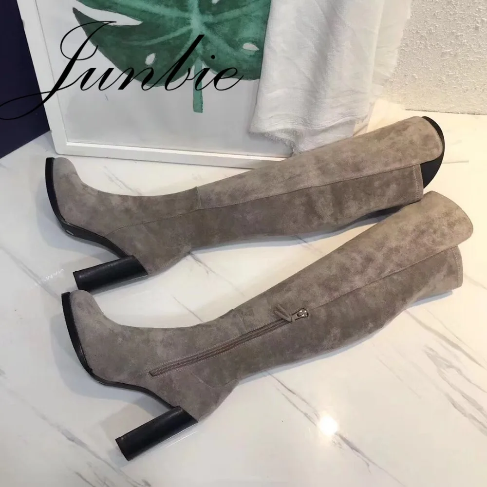 

SKYYUE New Genuine Leather Zip Side Women Boots Round Toe Over The Knee HIgh Thigh High Boots 7.5cm Chunky heel