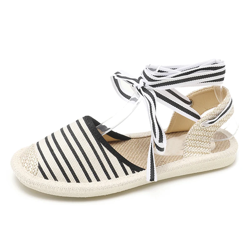 

Cross-tied Causal Women Flats Loafers Striped 2019 New Women Shoes Lace Up Straw Canvas Shoes Woman Size 35-40 XWZ5157