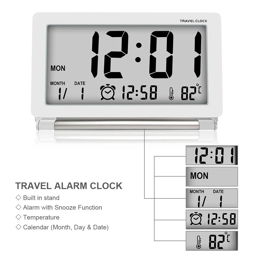  Hot Electronic Alarm Clock Travel Clock Multifunction Silent LCD Digital Large Screen Folding Desk 