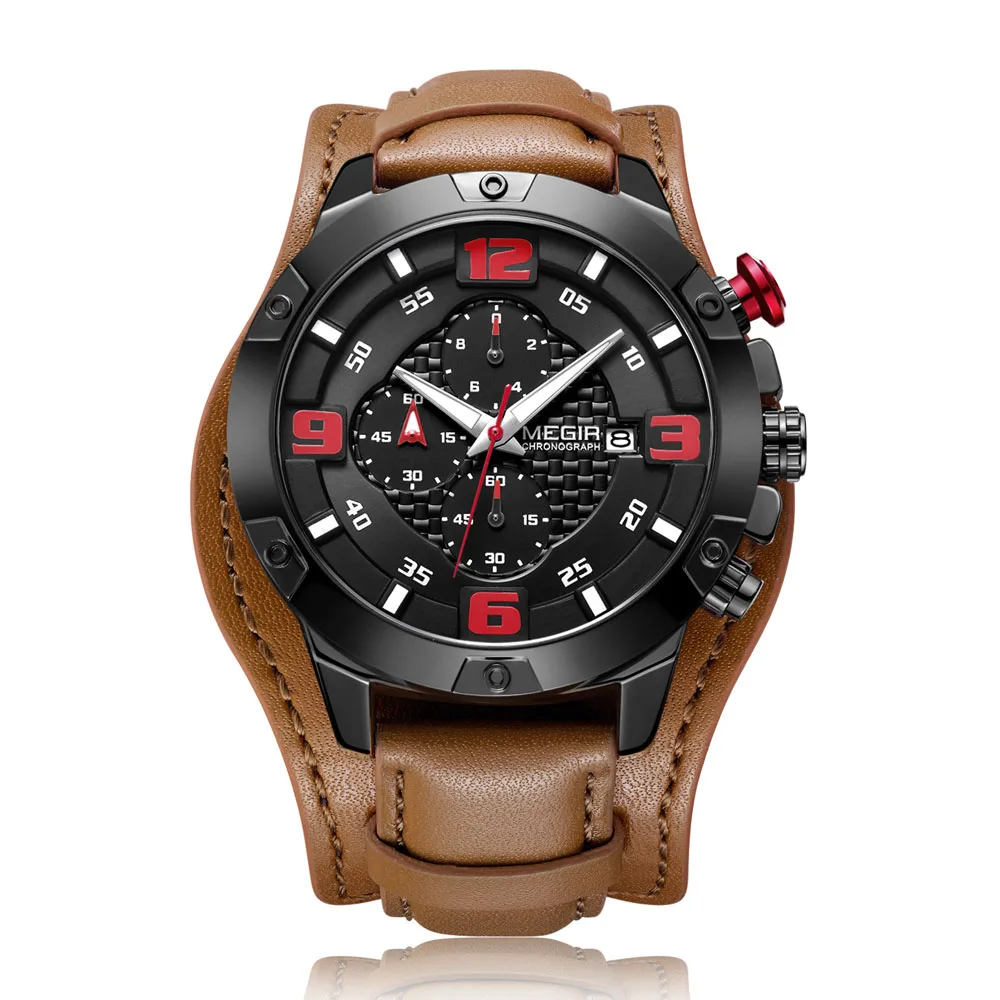 Лидирующий бренд, Роскошные мужские часы MEGIR с хронографом, спортивные мужские часы, синие кожаные бизнес кварцевые часы, мужские армейские военные часы - Цвет: black red