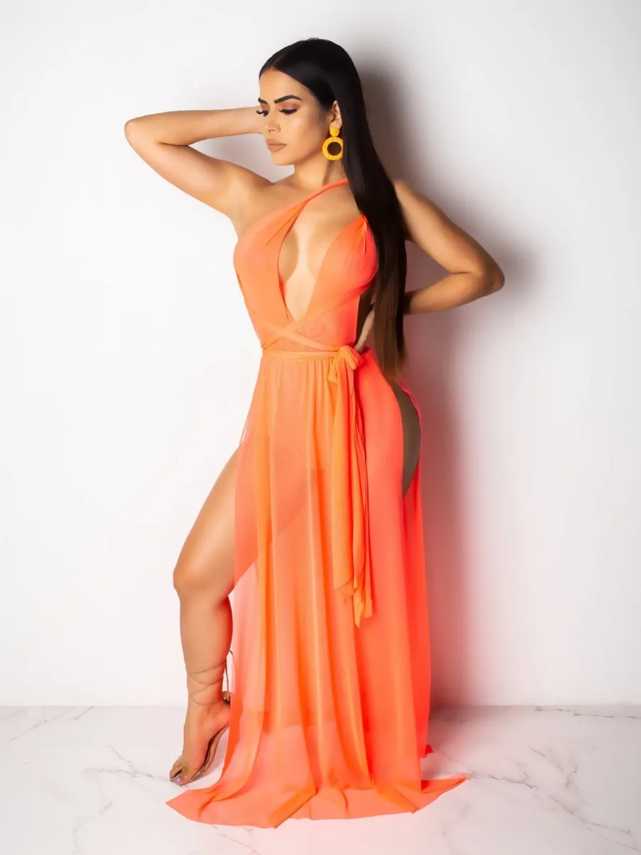 

Orange Green Soft Mesh One Shoulder Halter Neck Two Style Wear Sexy Party Dress Summer Backless High Split Summer Beach Dresses