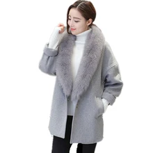 Парки из натурального меха, Зимняя женская шерстяная куртка, новая Толстая теплая женская верхняя одежда, Воротник из натурального Лисьего меха, куртка, длинное шерстяное пальто SUN77