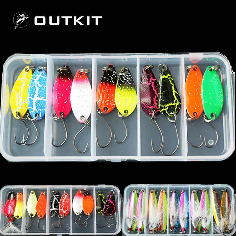 OUTKIT جديد مختلط 10 pcs حلو الصيد إغراء مجموعة المعادن الصيد الطعوم باس ملعقة سبينر الطعم مع شارب أدوات صيد مربع