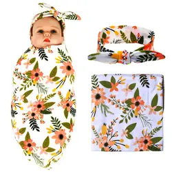 Одеяло для новорожденных, повязка на голову, комплект с цветочным принтом, детское Пеленальное Одеяло