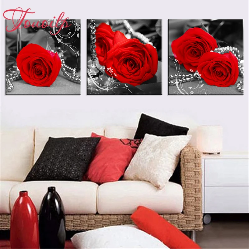 TOUOILP triptych Red rose 5d diamond painting full square&ampround drill embroidery mosaic modern home decoration | Дом и сад