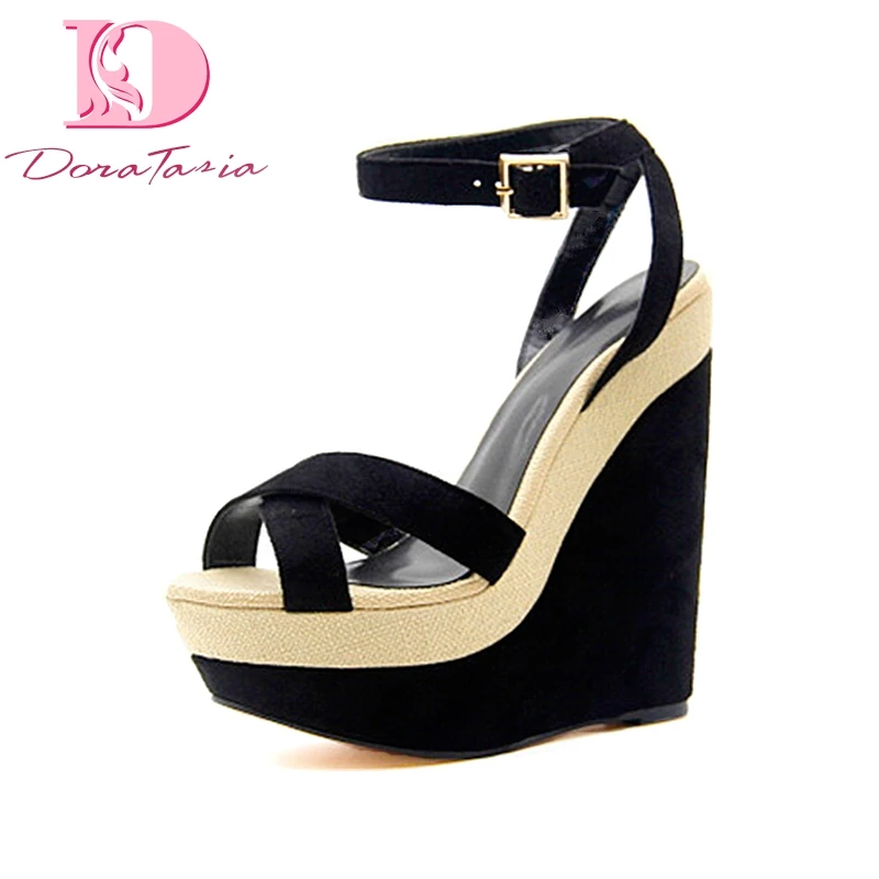 

DoraTasia new women wedges high heels ankle strap platform shoes woman party comfortable summer sandals black big size 34-43