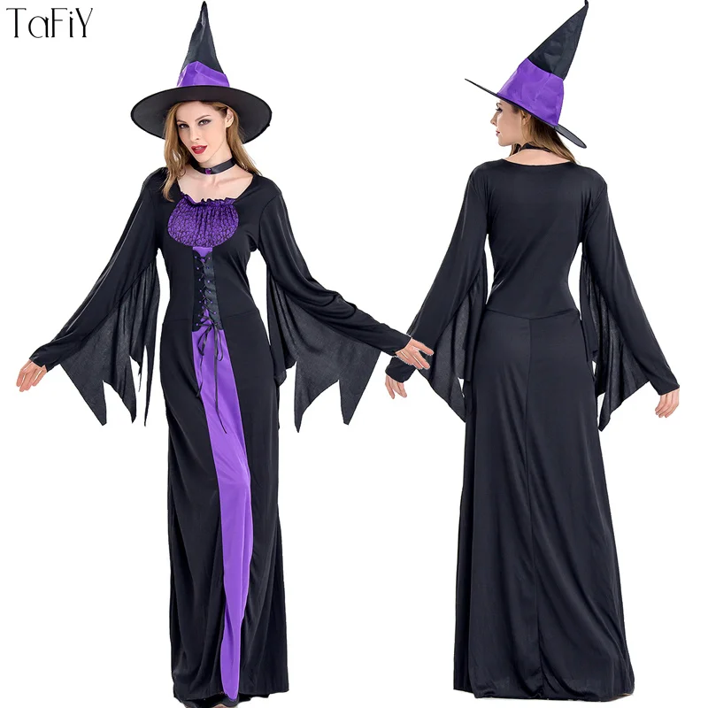 

TaFiY 2017 2PCS Adult Halloween Party Cosplay Witch Costume Black Gothic Witch Costume Fancy Long Dress Costumes for Women