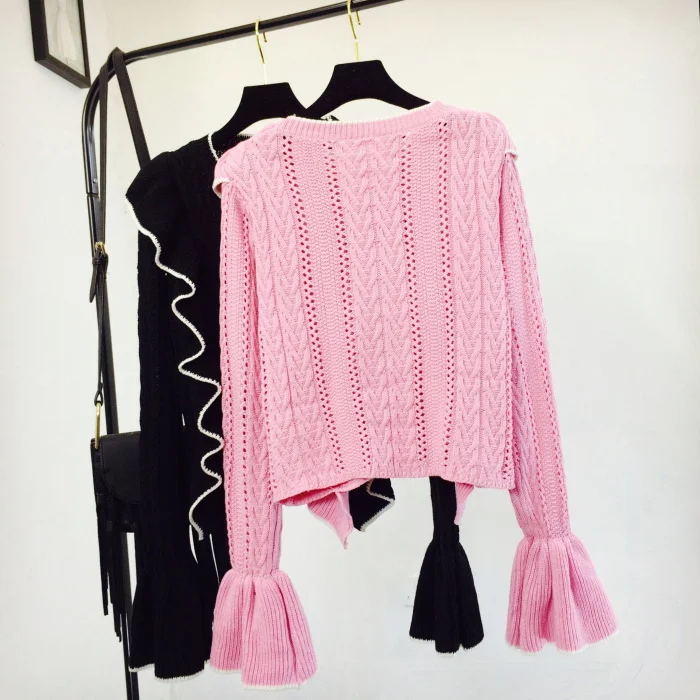 pullovers women sweater office lady computer knitted o-neck butterfly sleeve ruffles female Spring and autumn new sweet Sweaters