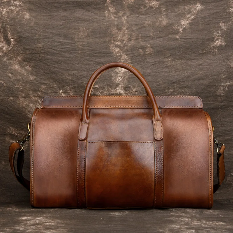 

New Luxury Vintage Natural Genuine Leather Men's Travel Bags Retro Cowskin Handbags Short Casual Business Trip Travel Bag