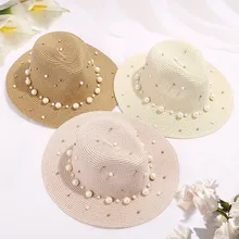 חדש אביב קיץ לנשים פרח חרוזים רחב שוליים ג 'אז פנמה כובע מגן שמש חוף כובע פרח פנינת מסמרת קש כובע(China)