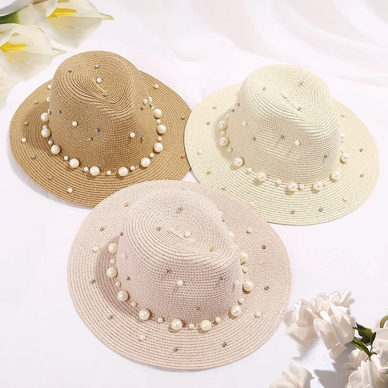 

New Spring Summer Hats For Women Flower Beads Wide Brimmed Jazz Panama Hat Sun Visor Beach Hat Flower Pearl rivet Straw Hat