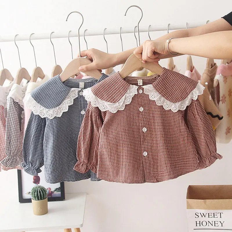 Коллекция года, Осенняя детская рубашка для маленьких девочек кружевные топы с длинными рукавами, одежда для маленьких детей рубашки принцессы, S9410