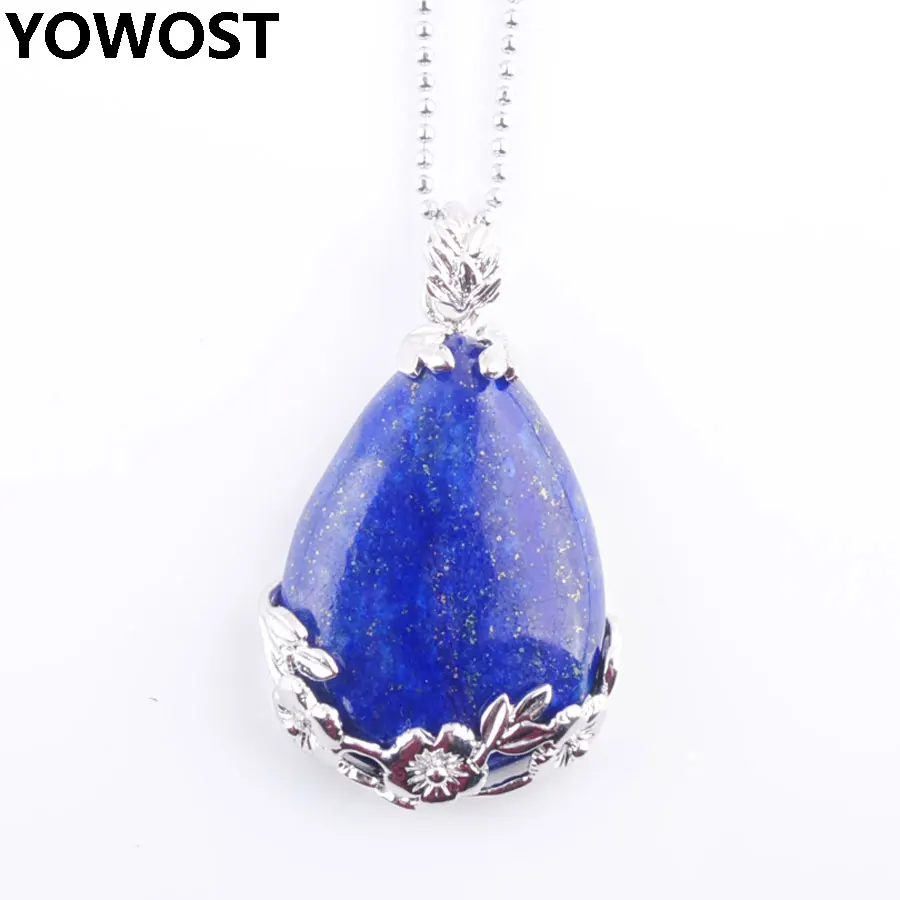 

YOWOST Natural Lapis Lazuli Water Drop Shape Gem Stone Love Beads Reiki Chakra Healing Pendant & Necklace Chain Jewelry IN3473