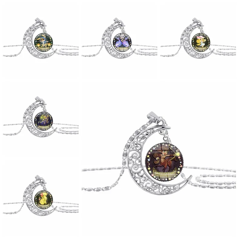 New cartoon anime 12 constellation logo crescent necklace moon time gemstone pendant necklace half moon animal zodiac necklace jewelry