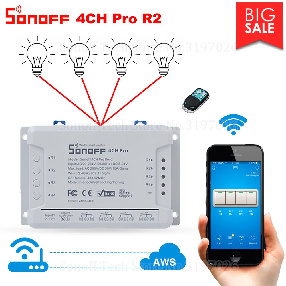 

Itead Sonoff 4CH Pro R2 Wifi Switch 4 Channel Inching Self-Locking Interlock Smart WiFi RF Control Remote Switch Work with Alexa