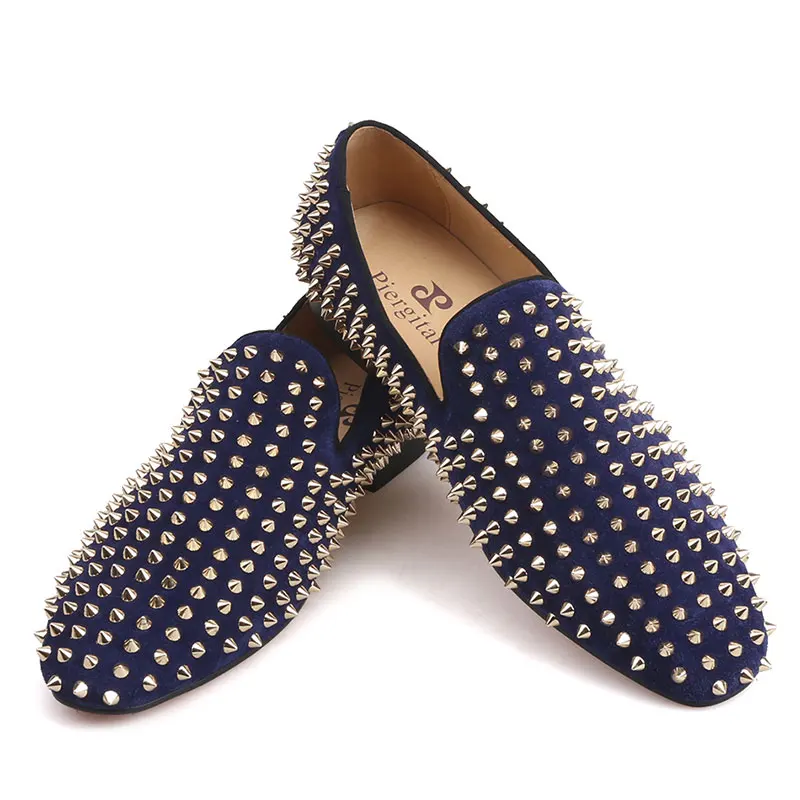 

Men Autumn High Fashion Cow Suede Gold Rivet Leather Casual Shoes Male Genuine Leather Personality Slip On Oversize Loafer Shoes