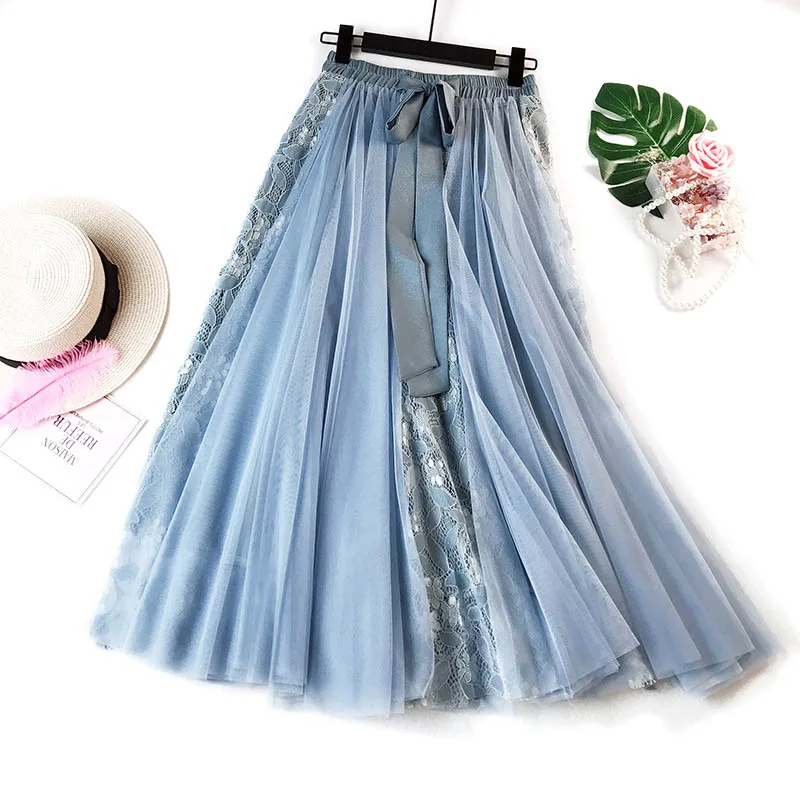 Hot Women Graceful Lace Bowknot Mesh Half Slip Tutu Skirt Dance Date Skirt CGU 88 - Цвет: Синий