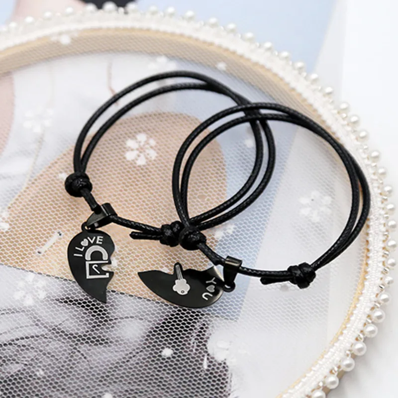 2PCs-set-2019-New-Couple-Bracelets-for-Women-and-Men-Black-Stainless-Steel-Heart-Two-Halves