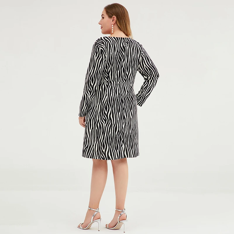 Buykud Women Summer Elegant V-Neck Long Sleeve Loose Party Vestidos Casual Dress  Zebra-Striped Plus Size Women Clothes (1)