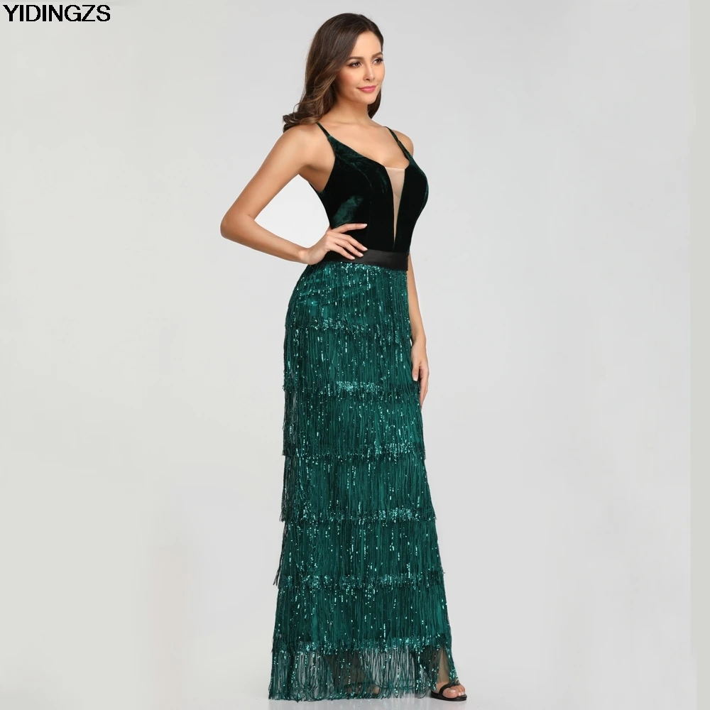 YIDINGZS сексуальное длинное платье для выпускного вечера с зелеными блестками и кисточками элегантные вечерние платья с v-образным вырезом YD198