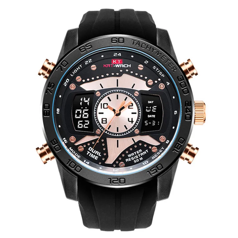

Dropshipping Big Men Sport Watch Digital Analog Dual Time Matching With Japanese Quartz Movement Rose Gold Dial Erkek Kol Saati